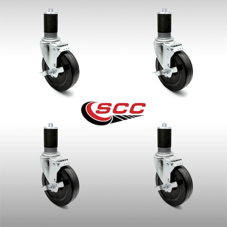 5 Inch SS Hard Rubber Wheel Swivel 1-1/2 Inch Expanding Stem Caster Set Brake